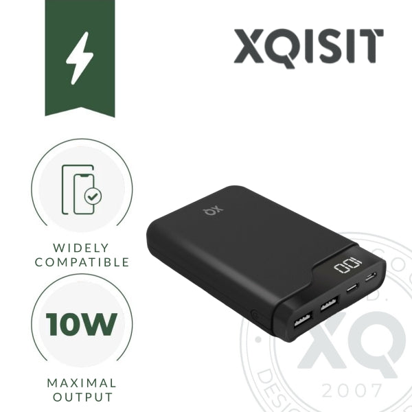 XQISIT Xqisit Power Bank 10,000mAh – Black | USB-C, USB-A & Micro-USB | Fast & Reliable Portable Charger